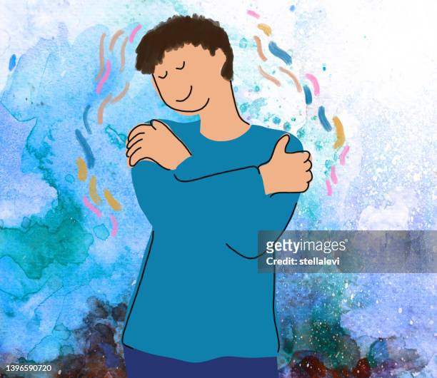 self hug - junger mann, der sich selbst umarmt - konzept der selbstfürsorge, des selbstmitgefühls und der liebe - trots stock-grafiken, -clipart, -cartoons und -symbole