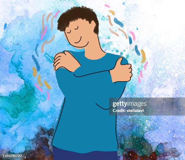 self hug - young man embracing himself - concept of self care, self compassion, and love - consoling 幅插畫檔、美工圖案、卡通及圖標