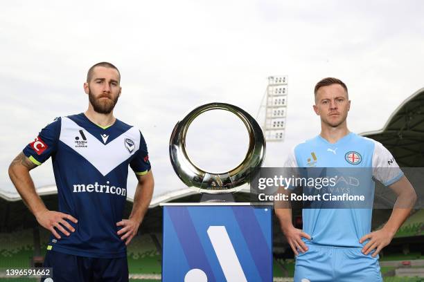 Josh Brilliante of the Victory and Scott Jamieson of Melbourne City pose during the A-League Men's 2022 Finals Series Launch Media Opportunity at...