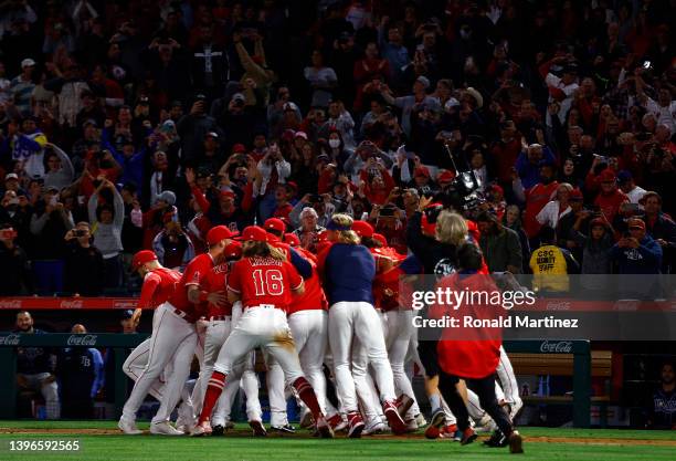 Reid Detmers of the Los Angeles Angels celebrates a no-hitter against the Tampa Bay Rays at Angel Stadium of Anaheim on May 10, 2022 in Anaheim,...