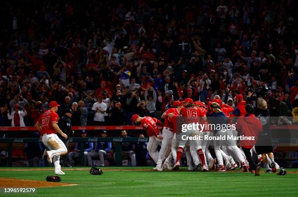 Reid Detmers of the Los Angeles Angels celebrates a no-hitter against the Tampa Bay Rays at Angel Stadium of Anaheim on May 10, 2022 in Anaheim,...