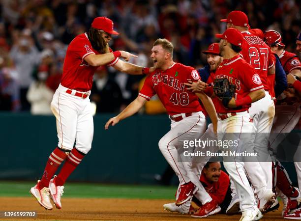 Reid Detmers of the Los Angeles Angels celebrates a no-hitter against the Tampa Bay Rays at Angel Stadium of Anaheim on May 10, 2022 in Anaheim,...