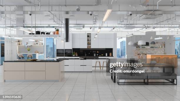 kitchen showroom interior with different cabinets, kitchen counters, chairs and stools - white goods stock pictures, royalty-free photos & images