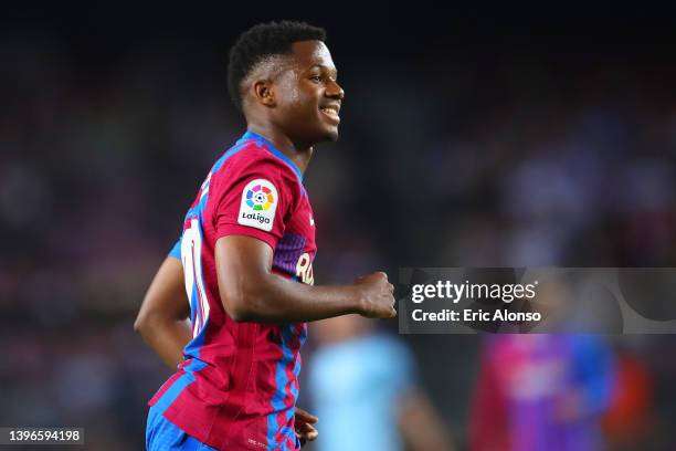 Ansu Fati of FC Barcelona gestures during the La Liga Santader match between FC Barcelona and RC Celta de Vigo