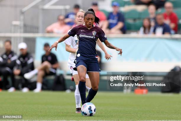 Nicoli Kerolin of the North Carolina Courage gets behind Emily Sonnett of the Washington Spirit before scoring a goal during the NWSL Challenge Cup...