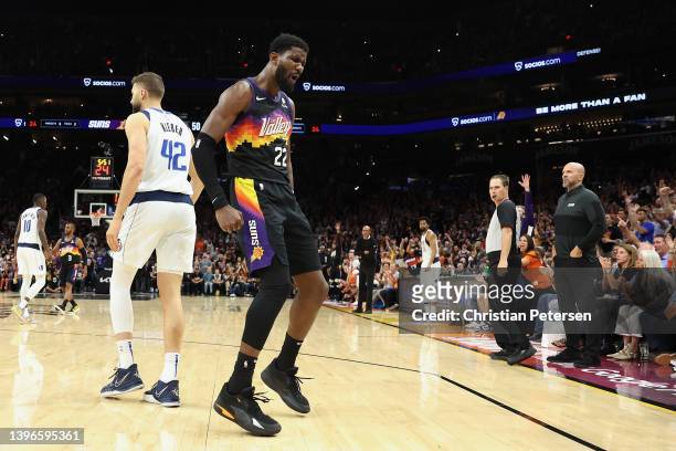 Deandre Ayton of the Phoenix Suns reacts after scoring against the Dallas Mavericks during the second half of Game Five of the Western Conference...