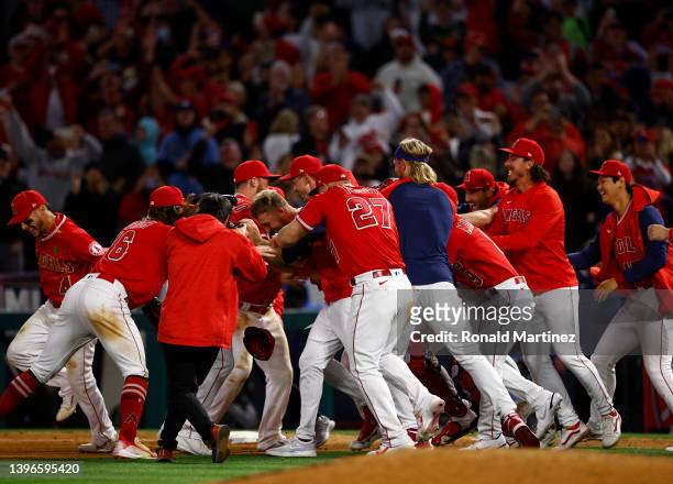 Reid Detmers of the Los Angeles Angels celebrates a no-hitter against the Tampa Bay Rays at Angel Stadium of Anaheim on May 10, 2022 in Anaheim,...