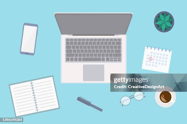 top view of workspace with laptop, notebook, mobile phone, calendar and coffee cup - iphone blank screen stock illustrations