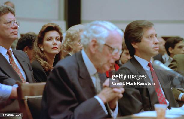 Actress Lynda Carter concentrates on the testimony being given by Former Presidential Advisor Clark Clifford at the House banking committee on the...
