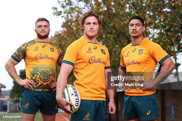 Lachlan Swinton, Michael Hooper and Lalakai Foketi of the Wallabies pose during a media opportunity as the Wallabies unveil their 2022 International...