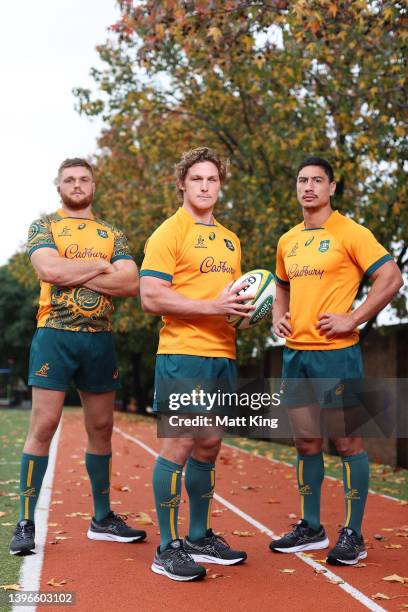 Lachlan Swinton, Michael Hooper and Lalakai Foketi of the Wallabies pose during a media opportunity as the Wallabies unveil their 2022 International...