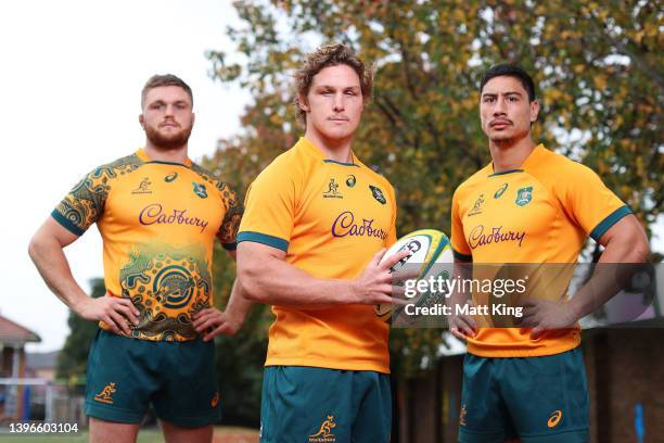 Lachlan Swinton, Michael Hooper and Lalakai Foketi of the Wallabies pose during a media opportunity as the Wallabies unveil their 2022 International...