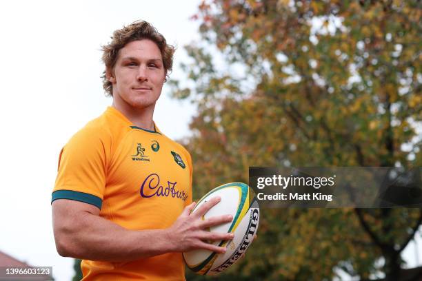 Michael Hooper of the Wallabies poses during a media opportunity as the Wallabies unveil their 2022 International jersey at St John's Catholic School...
