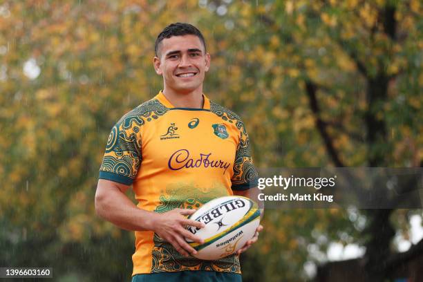 Izaia Perese of the Wallabies poses during a media opportunity as the Wallabies unveil their 2022 International jersey at St John's Catholic School...