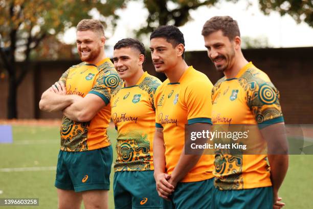Izaia Perese of the Wallabies looks on during a media opportunity as the Wallabies unveil their 2022 International jersey at St John's Catholic...