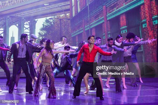 Karen Espriu, Alex Sirvent and Lisset Gutierrez performs on stage during the special presentation of 'Fiebre de S·bado Por La Noche' at Teatro...