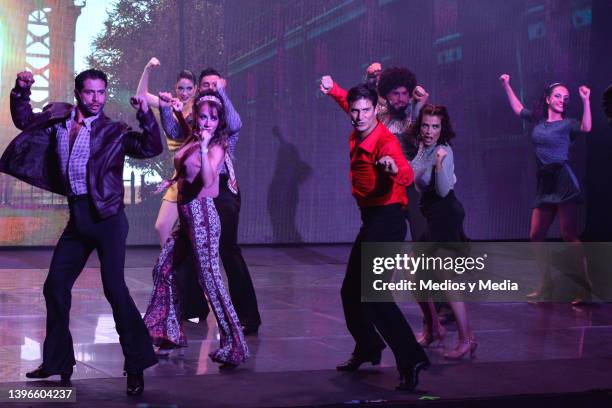 Karen Espriu, Alex Sirvent and Lisset Gutierrez perform on stage during the special presentation of 'Fiebre de S·bado Por La Noche' at Teatro...