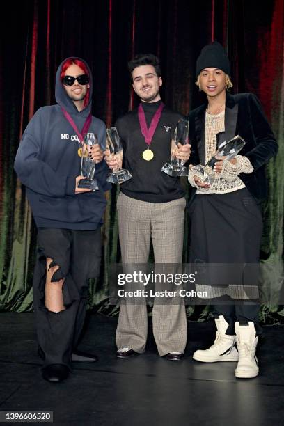 Omer Fedi, Blake Slatkin, and iann dior, winners of the Song of the Year award for ‘Mood,’ pose onstage during the 70th Annual BMI Pop Awards at...