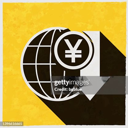 Yen rate decrease. Icon with long shadow on textured yellow background Yen rate decrease. Icon with long shadow on textured yellow background