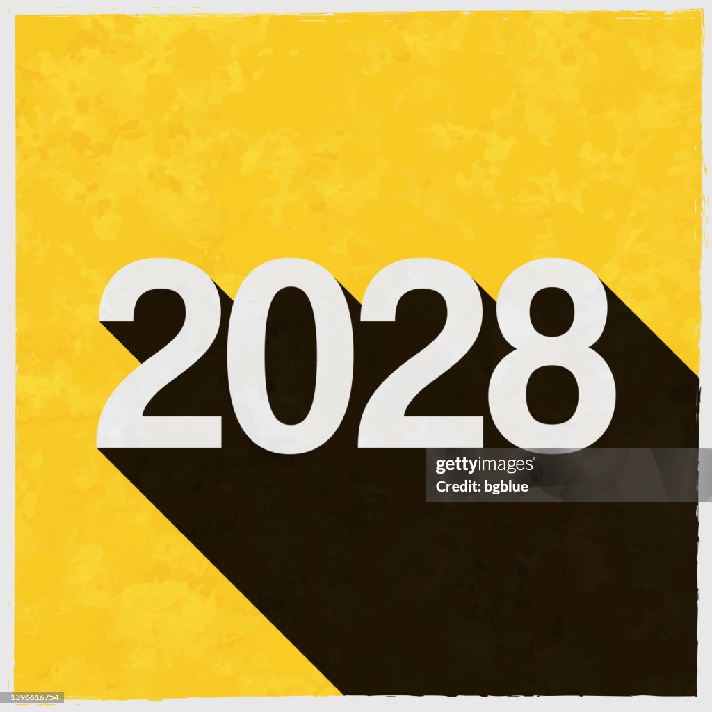 2028 - Two thousand twenty-eight. Icon with long shadow on textured yellow background
