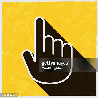 Hand cursor - pointer. Icon with long shadow on textured yellow background Hand cursor - pointer. Icon with long shadow on textured yellow background