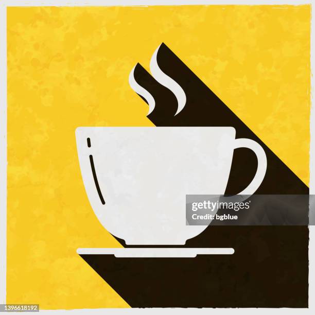 coffee cup. icon with long shadow on textured yellow background - fancy tea cups stock illustrations