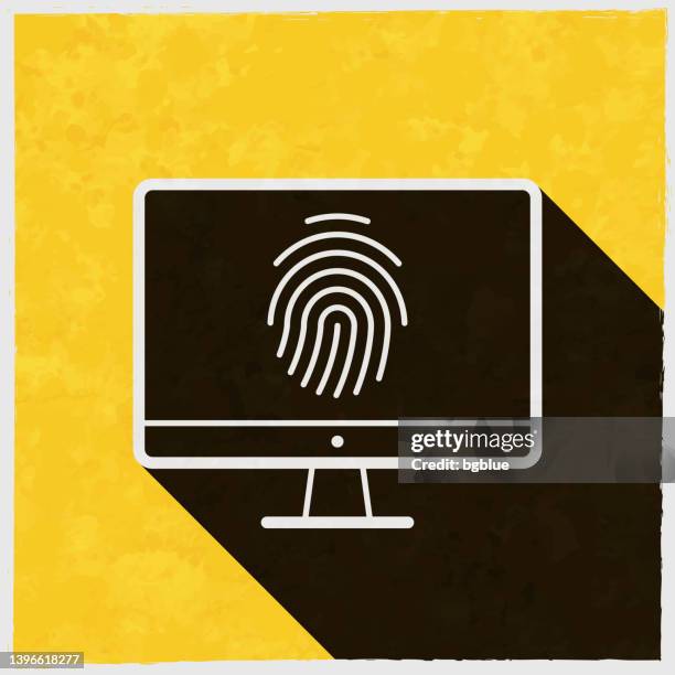 desktop computer with fingerprint. icon with long shadow on textured yellow background - tv screen texture stock illustrations