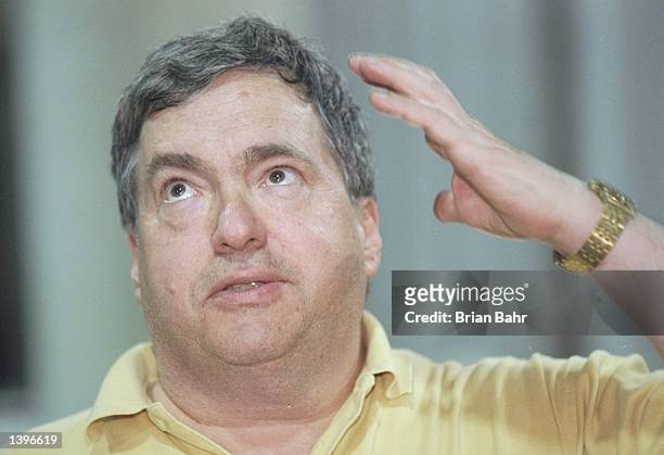 General manager Jerry Krause of the Chicago Bulls speaks to reporters during a press conference before a playoff game against the Utah Jazz at the...