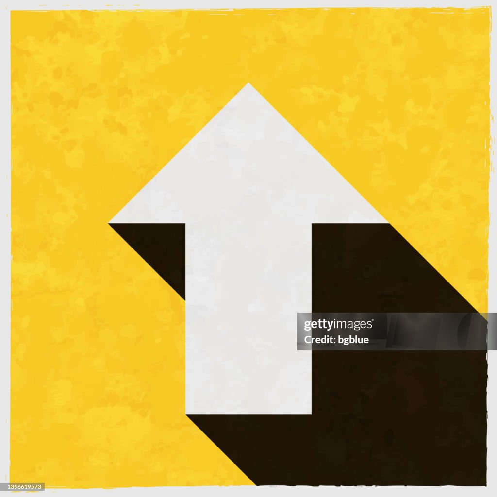 Up arrow. Icon with long shadow on textured yellow background