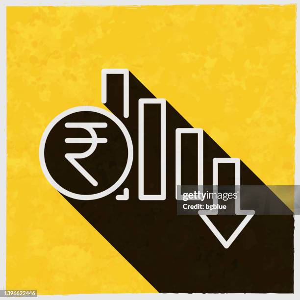 indian rupee rate decrease. icon with long shadow on textured yellow background - rupee down stock illustrations