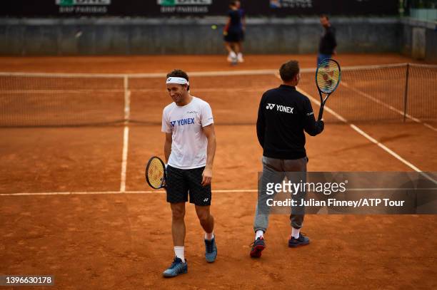 Casper Ruud of Norway enjoys a moment whilst training during the Internazionali BNL D'Italia 2022 Tennis at Foro Italico on May 06, 2022 in Rome,...