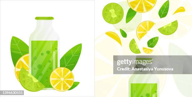fresh fruit juice or cocktail or smoothie. bright vector illustration of closed bottle of juice with fruit slices and opened bottle with bursting out fresh fruits. design elements for cafe and restaurant menu. healthy eating concept - fruit juice bottle stock illustrations