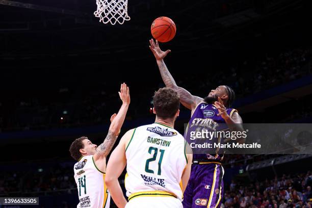 Jarell Martin of the Kings drives at the basket during game three of the NBL Grand Final series between Sydney Kings and Tasmania JackJumpers at...