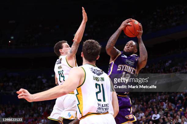 Jarell Martin of the Kings drives at the basket during game three of the NBL Grand Final series between Sydney Kings and Tasmania JackJumpers at...