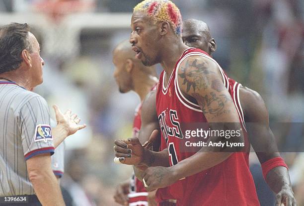 Forward Dennis Rodman of the Chicago Bulls argues with an official during a playoff game against the Miami Heat at the Miami Arean in Miami, Florida....