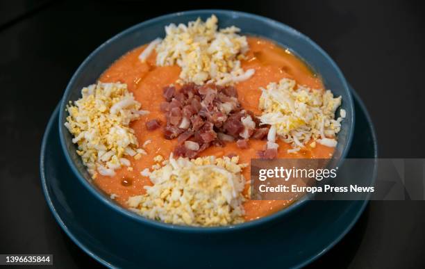 Salmorejo Cordobes from Taberna La Oveja Negra of Grupo La Carboneria, on 10 May, 2022 in Cordoba, Andalusia, Spain. The traditional gastronomy and...