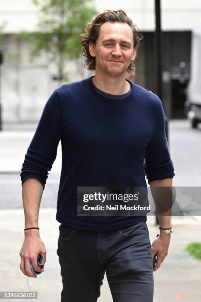 Tom Hiddleston seen leaving BBC Radio 2 Studios on May 11, 2022 in London, England.