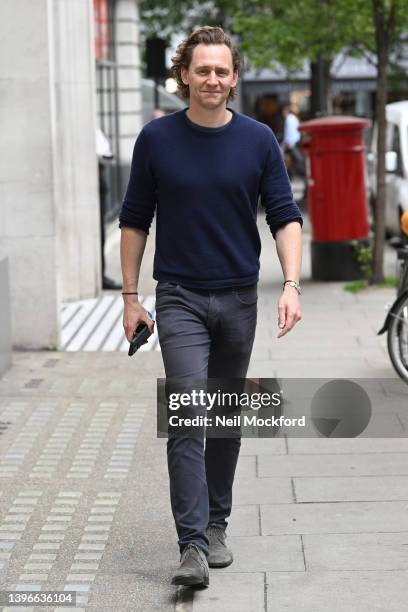 Tom Hiddleston seen leaving BBC Radio 2 Studios on May 11, 2022 in London, England.