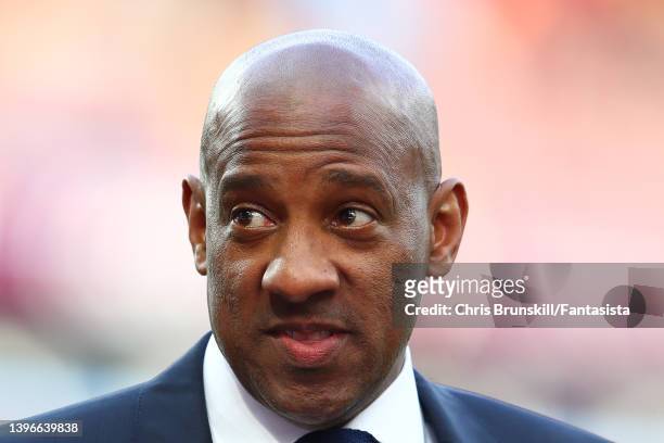 Dion Dublin looks o during the Premier League match between Aston Villa and Liverpool at Villa Park on May 10, 2022 in Birmingham, England.