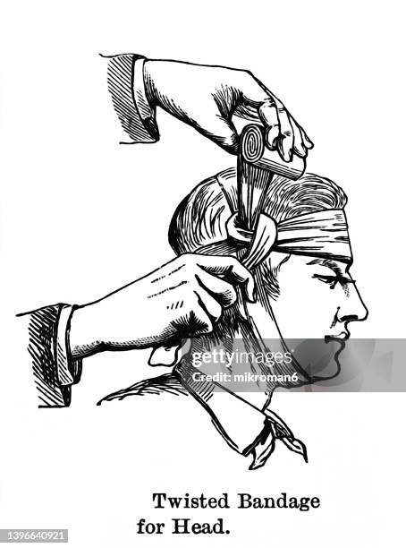 old engraved illustration of bandages for the head - twisted bandage for head - vintage handkerchief stock pictures, royalty-free photos & images