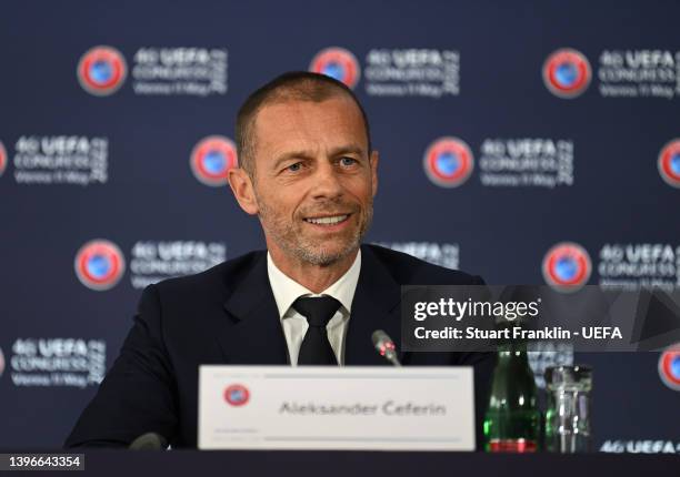 President Aleksander Ceferin addresses the media during a press conference at Messe Wien on May 11, 2022 in Vienna, Austria.