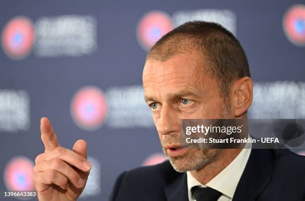 President Aleksander Ceferin addresses the media during a press conference at Messe Wien on May 11, 2022 in Vienna, Austria.