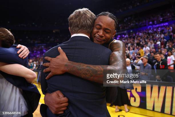 Jarell Martin of the Kings celebrates victory in game three of the NBL Grand Final series between Sydney Kings and Tasmania JackJumpers at Qudos Bank...