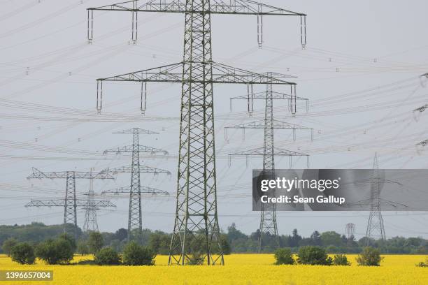 Electricity pylons stand over a field of rapeseed on May 10, 2022 near Berlin, Germany. In its bid to transition from fossil fuels to renewable...