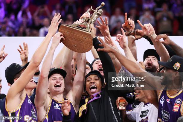 The Sydney Kings celebrate victory in game three of the NBL Grand Final series between Sydney Kings and Tasmania Jackjumpers at Qudos Bank Arena on...