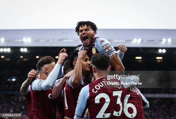 Tyrone Mings of Aston Villa celebrates with Douglas Luiz after Luiz scored their team's first goal during the Premier League match between Aston...