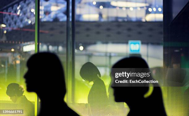 women passing window at ginza district of tokyo, japan at dusk - ginza stock pictures, royalty-free photos & images