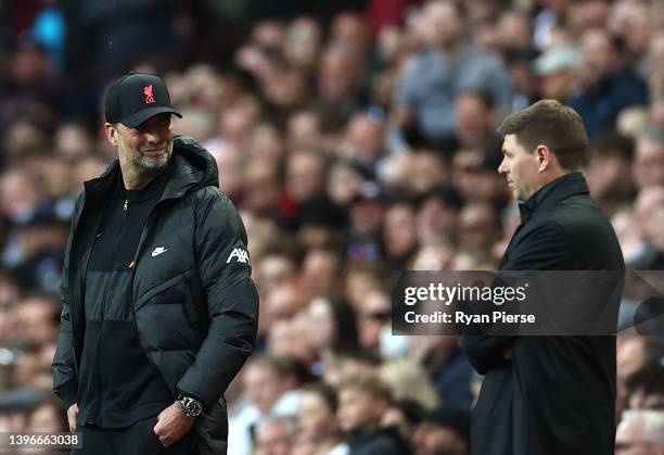 Jurgen Klopp, Manager of Liverpool looks towards Steven Gerrard, Manager of Aston Villa, during the Premier League match between Aston Villa and...