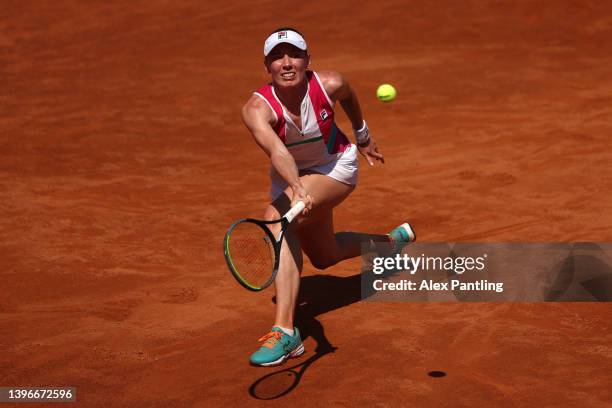 Ekaterina Alexandrova plays a forehand to Maria Sakkari of Greece in their 2nd Round match during day three of the Internazionali BNL D'Italia at...