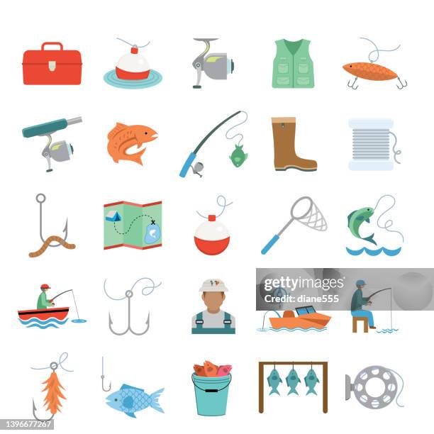 ilustraciones, imágenes clip art, dibujos animados e iconos de stock de lindo conjunto de iconos de pesca de color plano simple - industria de la pesca